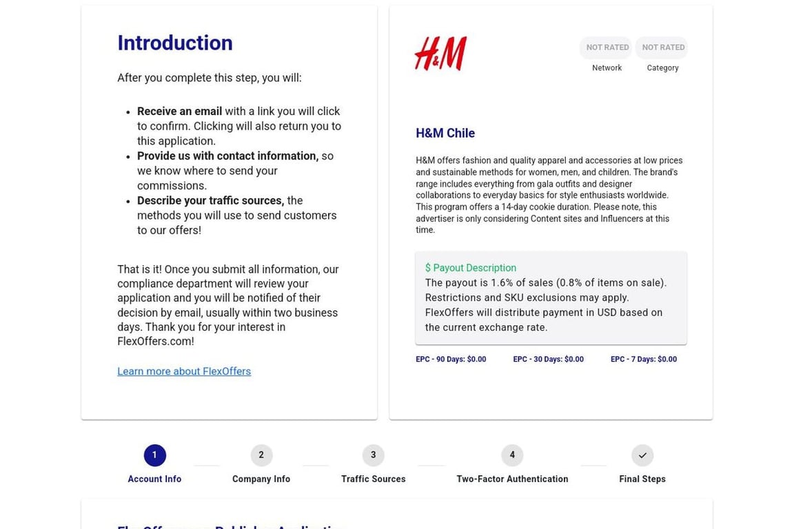 H&M (US) affiliate program signup page