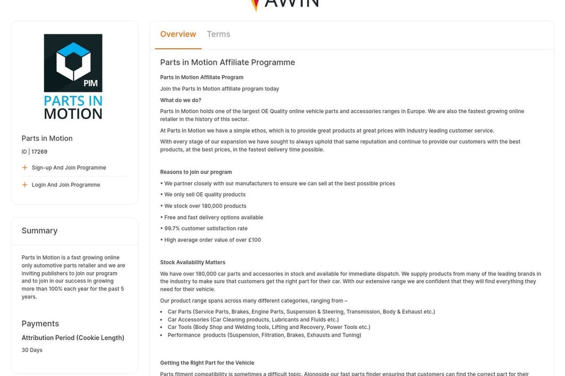 Parts in Motion UK affiliate program signup page