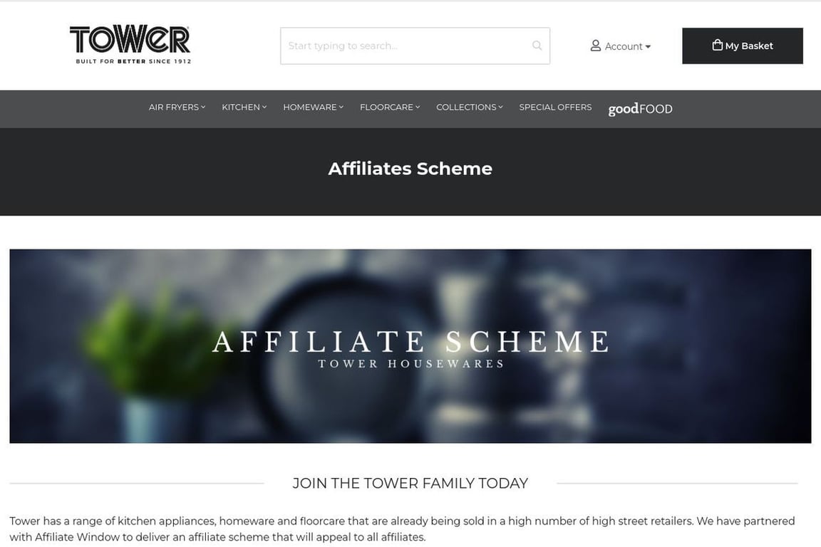 Tower Housewares affiliate program signup page