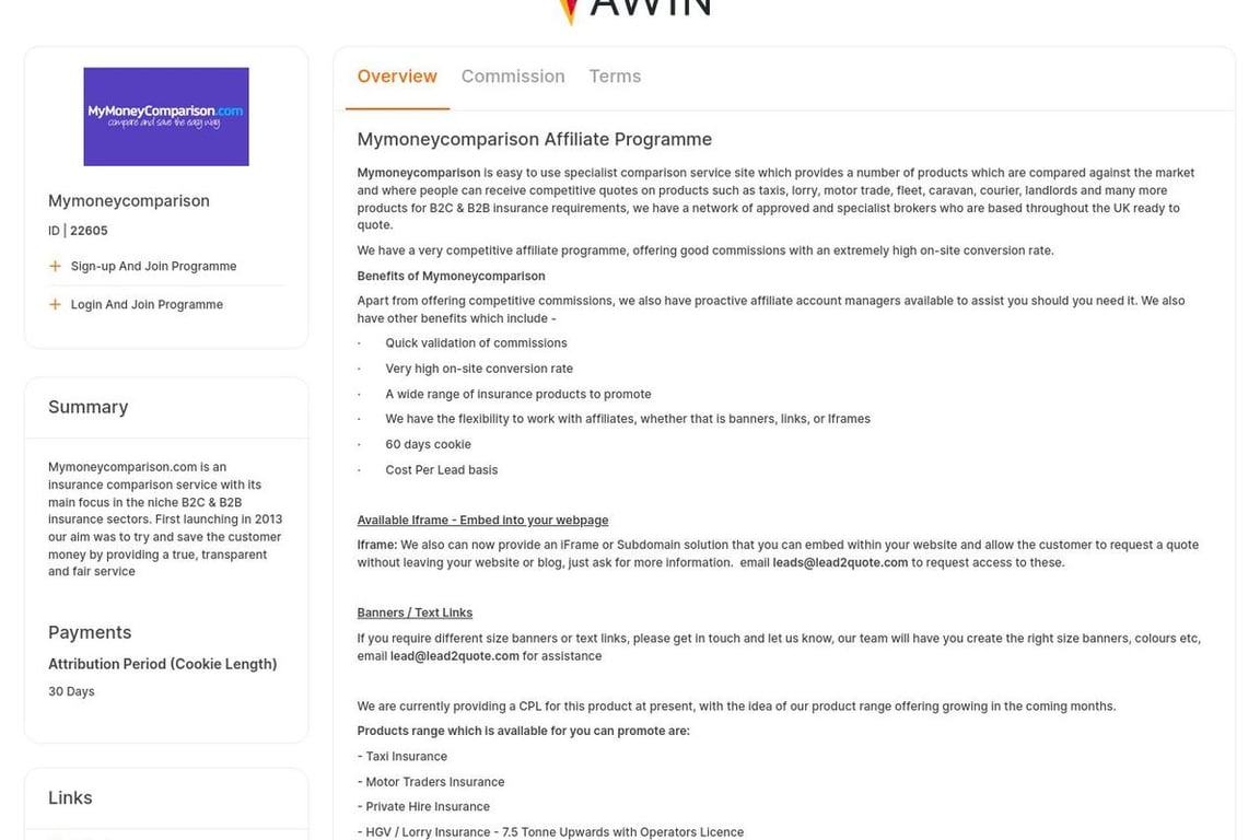 Mymoneycomparison affiliate program signup page