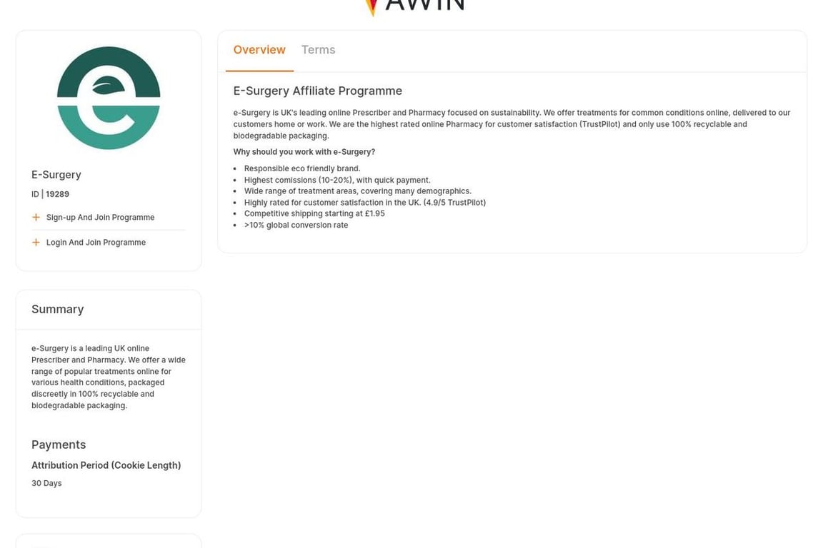 E-surgery affiliate program signup page