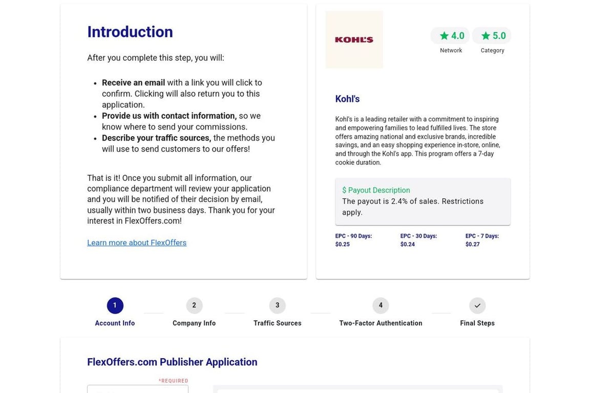 Kohl’s affiliate program signup page