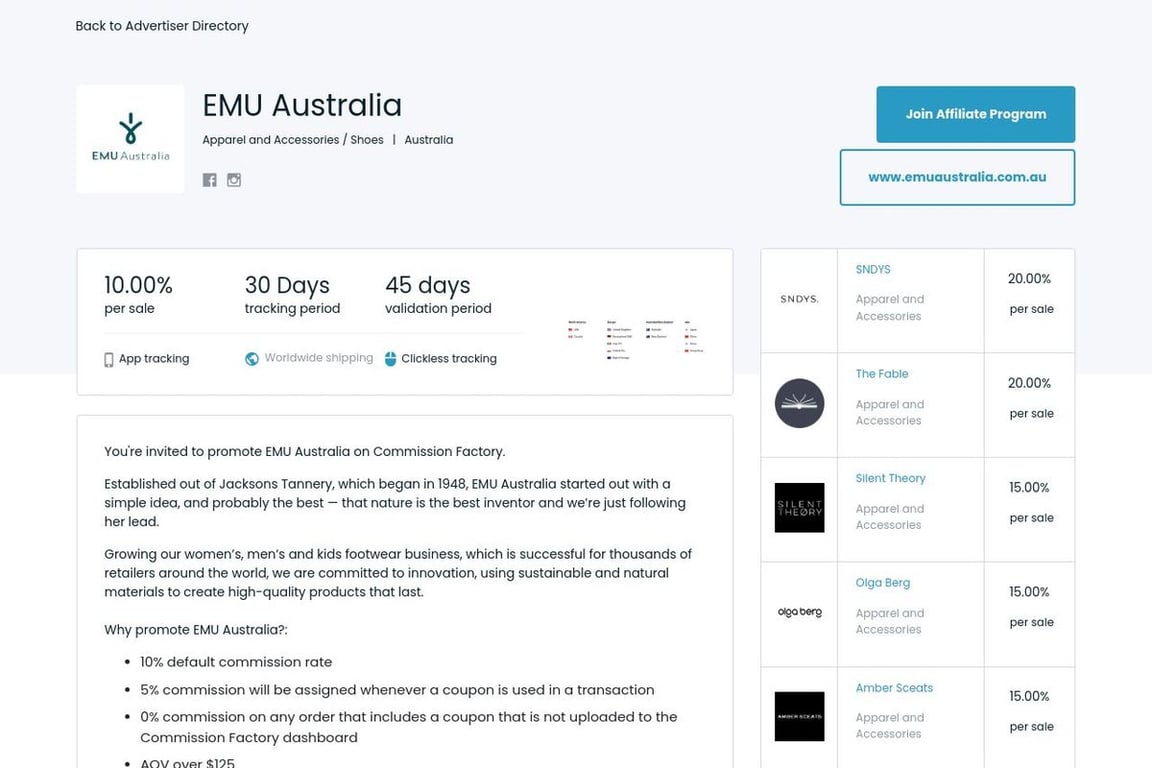 EMU Australia affiliate program signup page