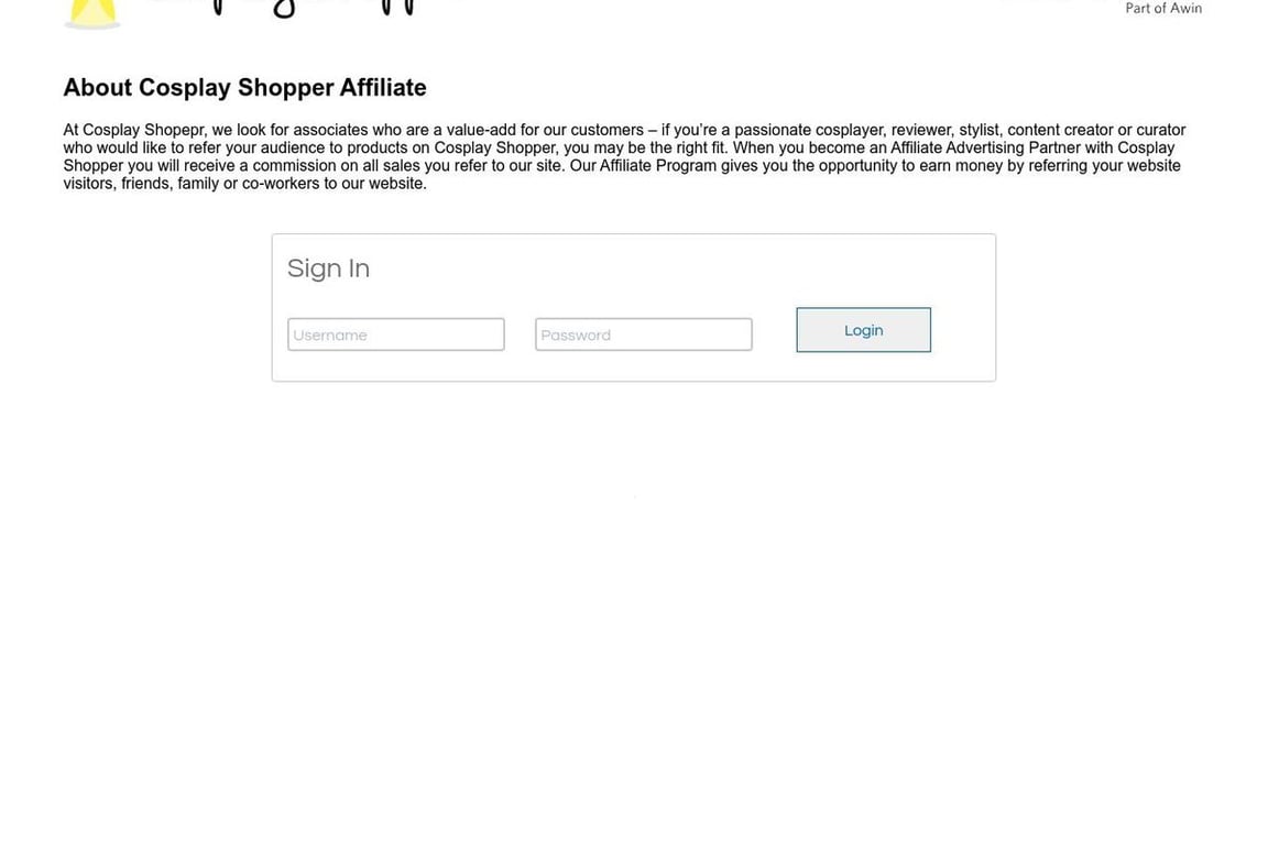 Cosplay Shopper affiliate program signup page