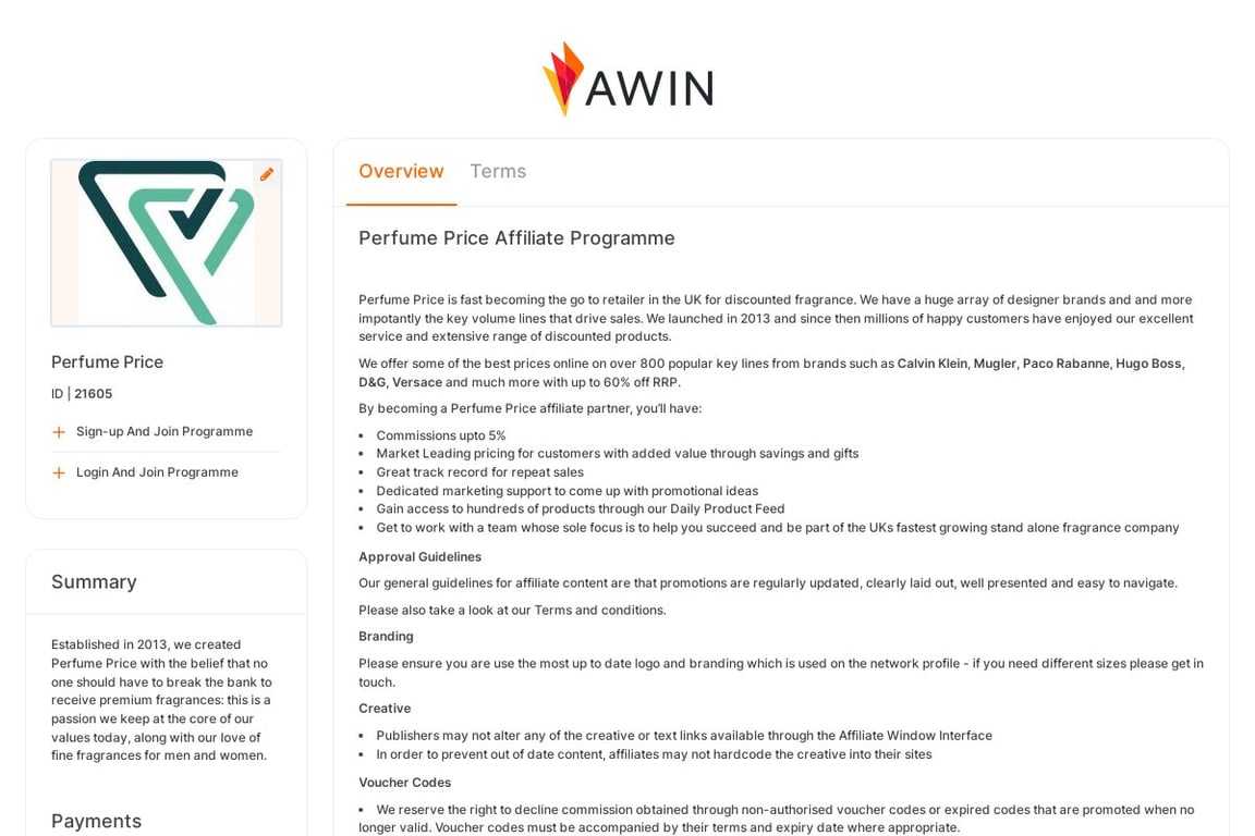 Perfume Price affiliate program signup page