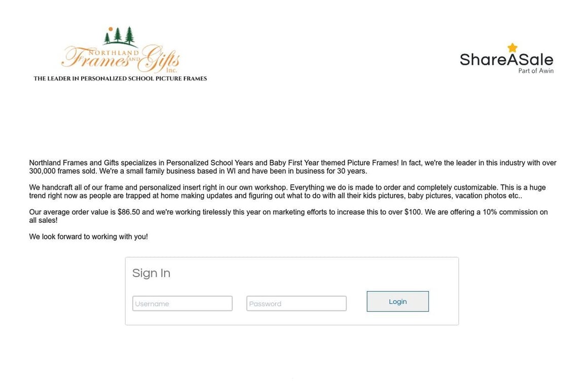 Northland Frames and Gifts affiliate program signup page