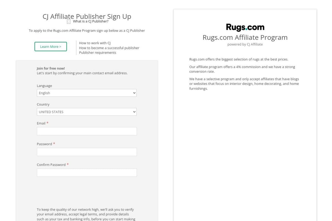 Rugs.com affiliate program signup page