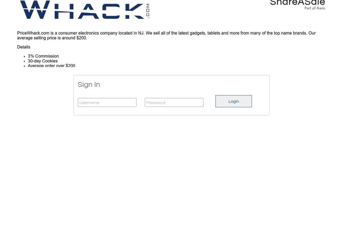 Price Whack affiliate program signup page