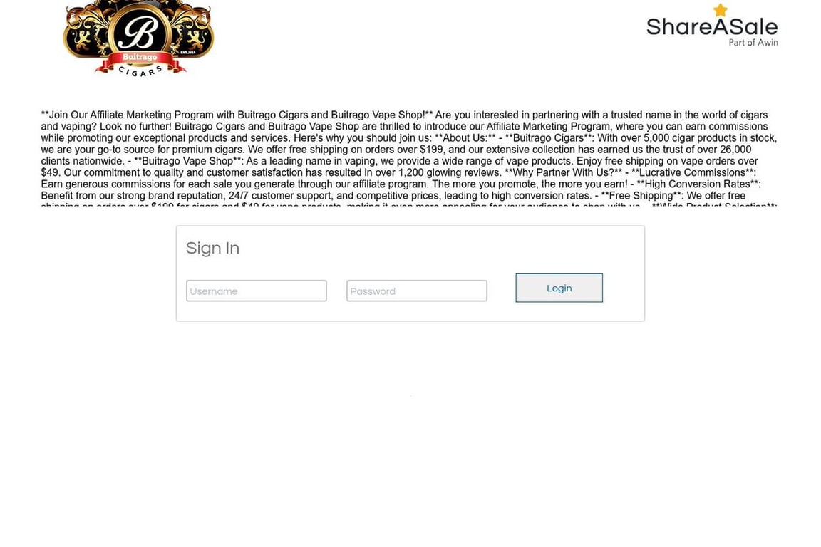 Buitrago Cigars affiliate program signup page