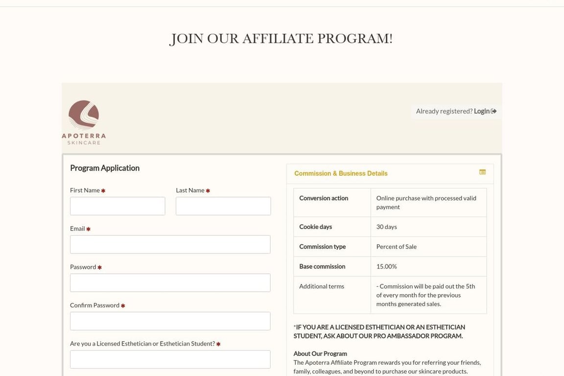 Apoterra Skincare affiliate program signup page