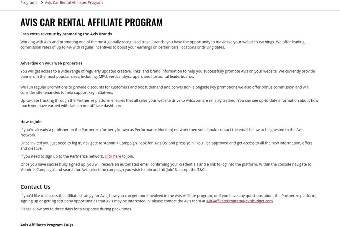 Avis affiliate program signup page
