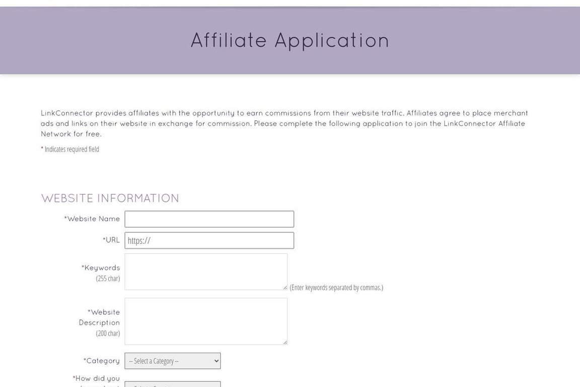 LinkConnector affiliate program signup page