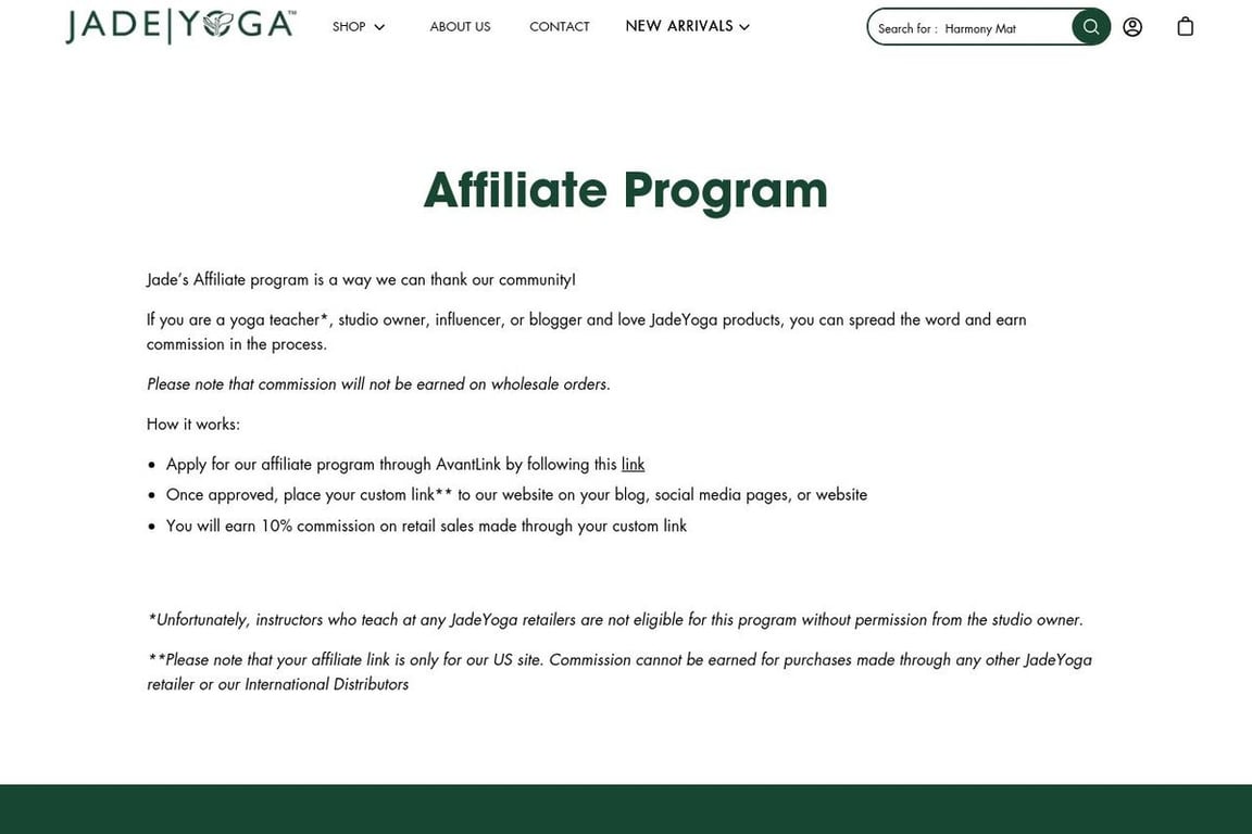 Jade Yoga affiliate program signup page