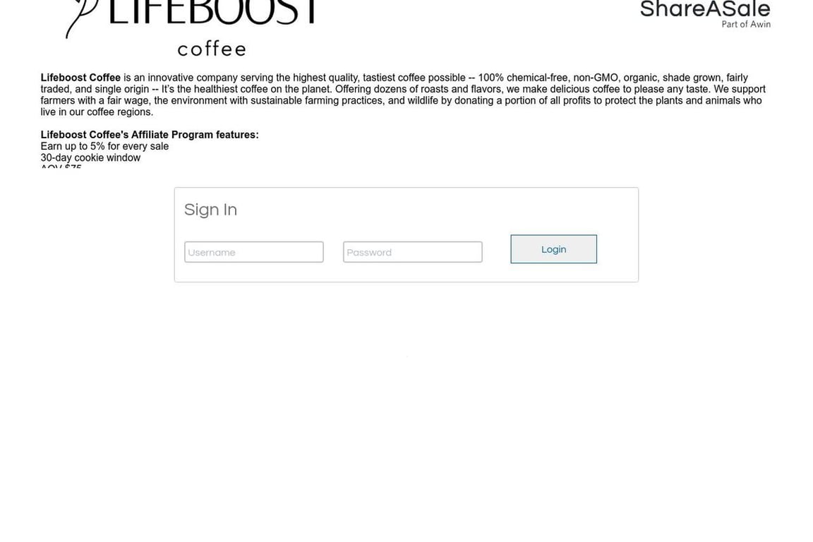 Lifeboost Coffee affiliate program signup page