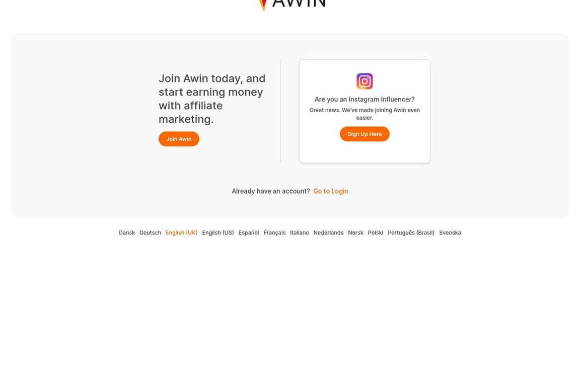Awin affiliate program signup page