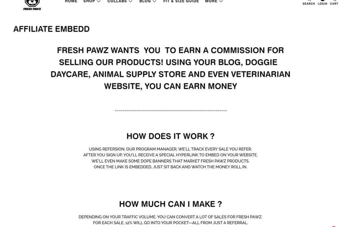 Fresh Pawz affiliate program signup page