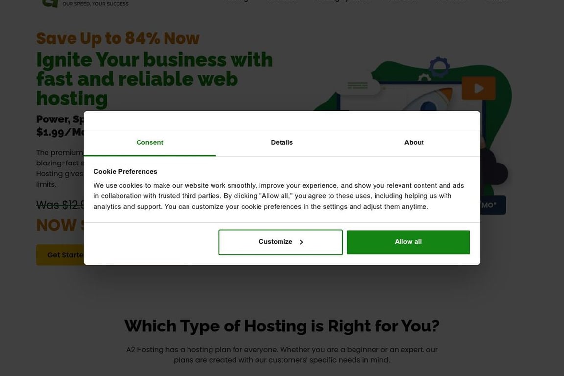 A2 Hosting homepage