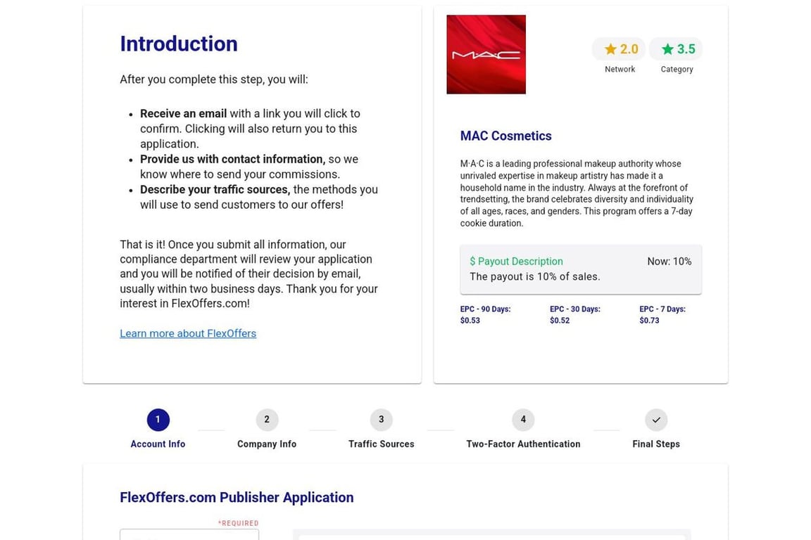 MAC Cosmetics affiliate program signup page