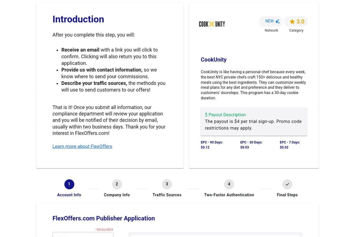 Cook Unity affiliate program signup page