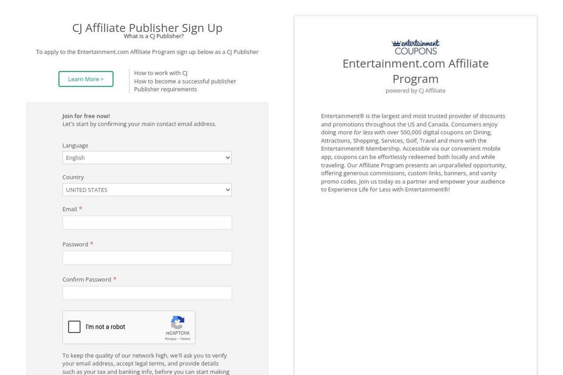 Entertainment affiliate program signup page