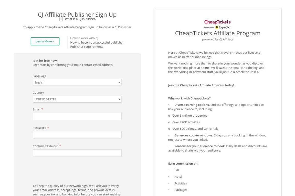 CheapTickets affiliate program signup page