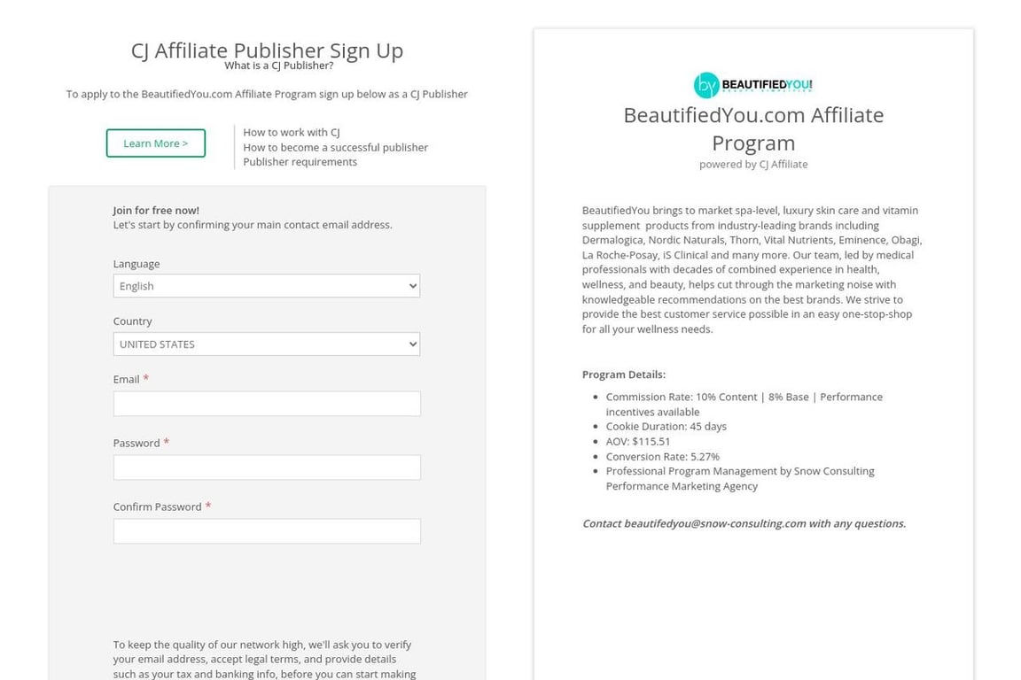 BeautifiedYou.com affiliate program signup page