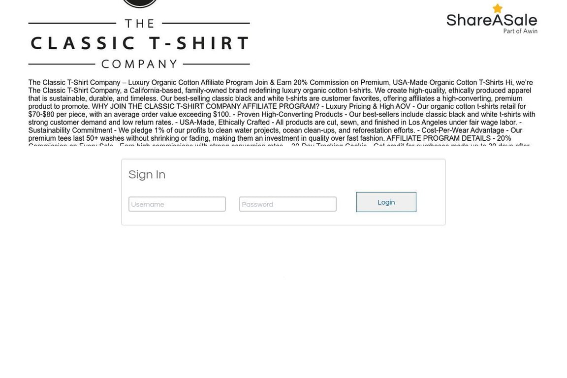 The Classic T Shirt Company affiliate program signup page