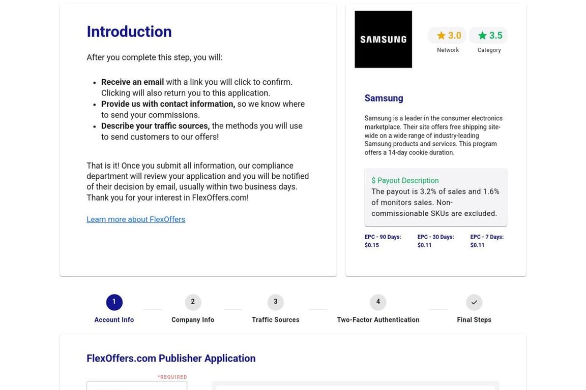 Samsung affiliate program signup page