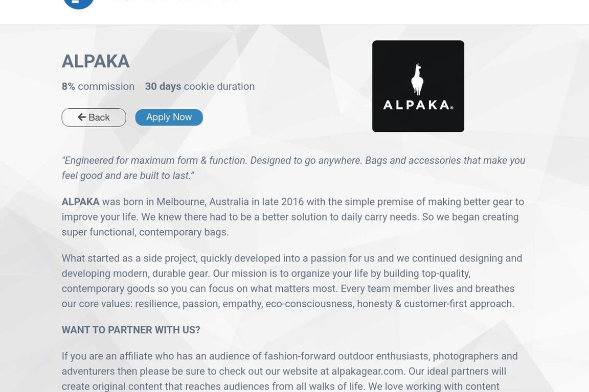 ALPAKA affiliate program signup page