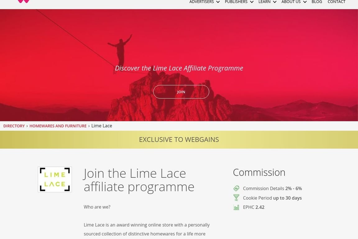 Lime Lace affiliate program signup page