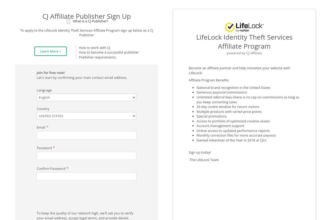 LifeLock affiliate program signup page