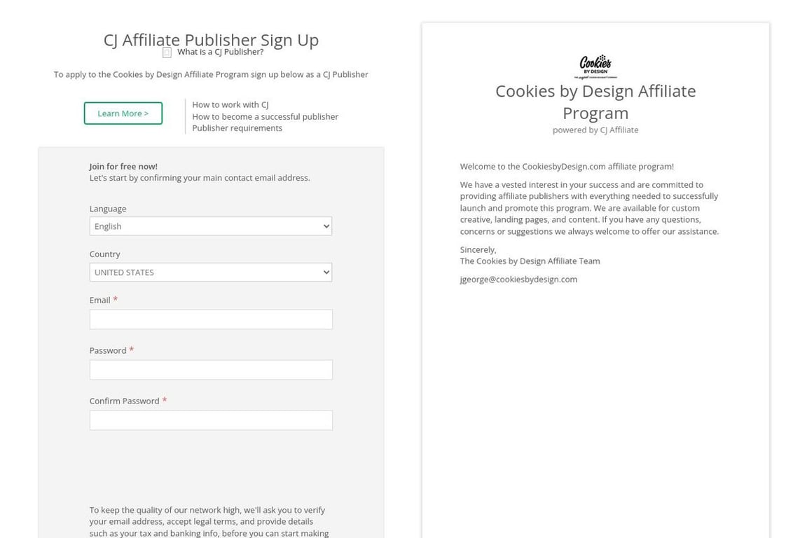 Cookies by Design affiliate program signup page