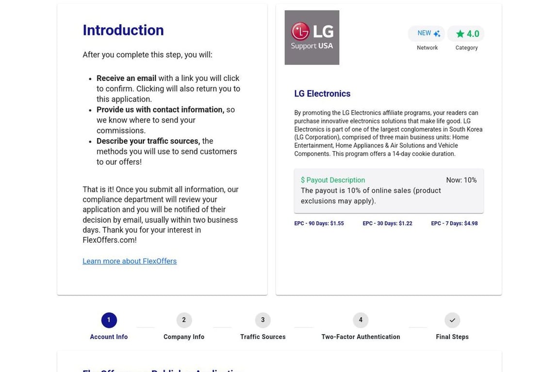LG Electronics affiliate program signup page