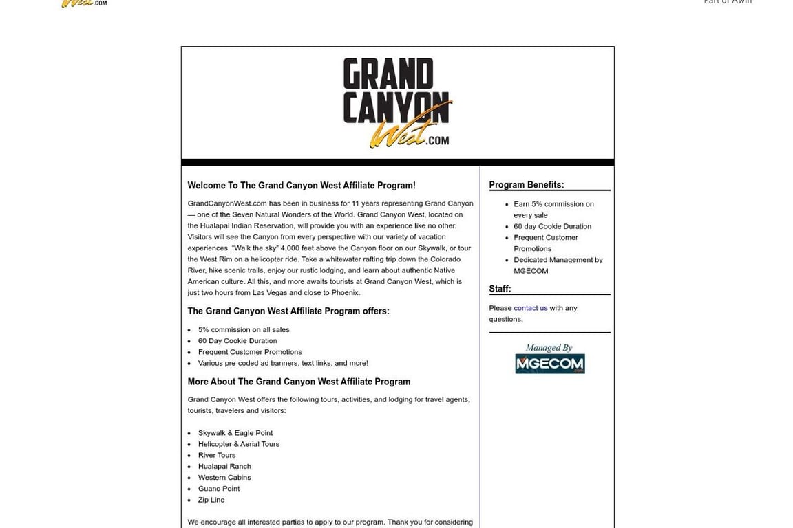 Grand Canyon West affiliate program signup page