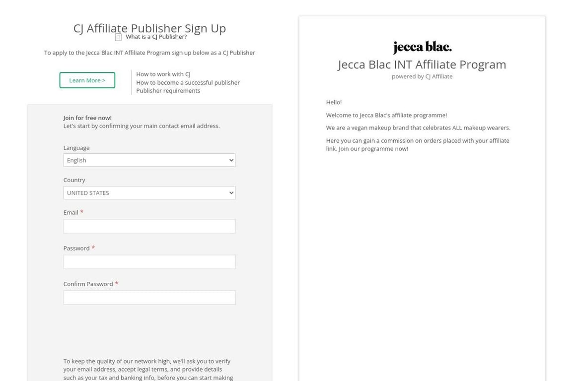 Jecca Blac (US) affiliate program signup page