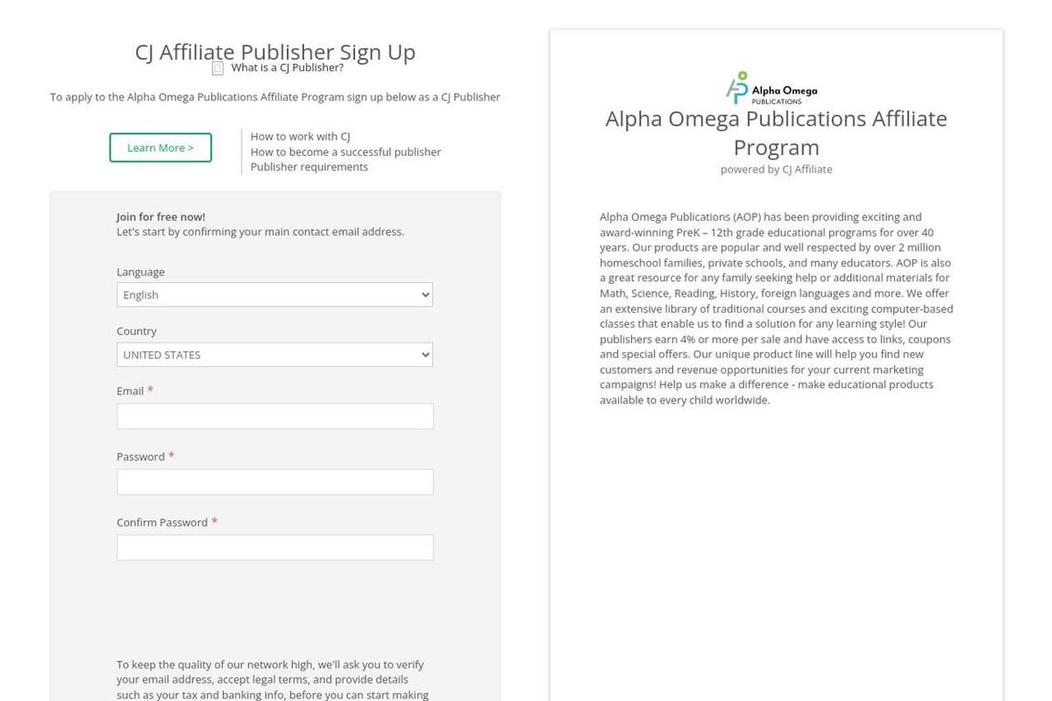 Alpha Omega Publications affiliate program signup page