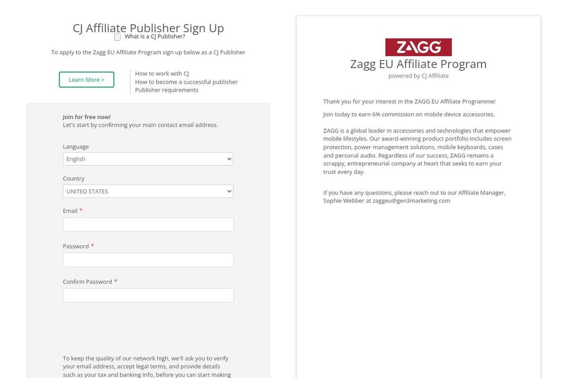 Zagg affiliate program signup page