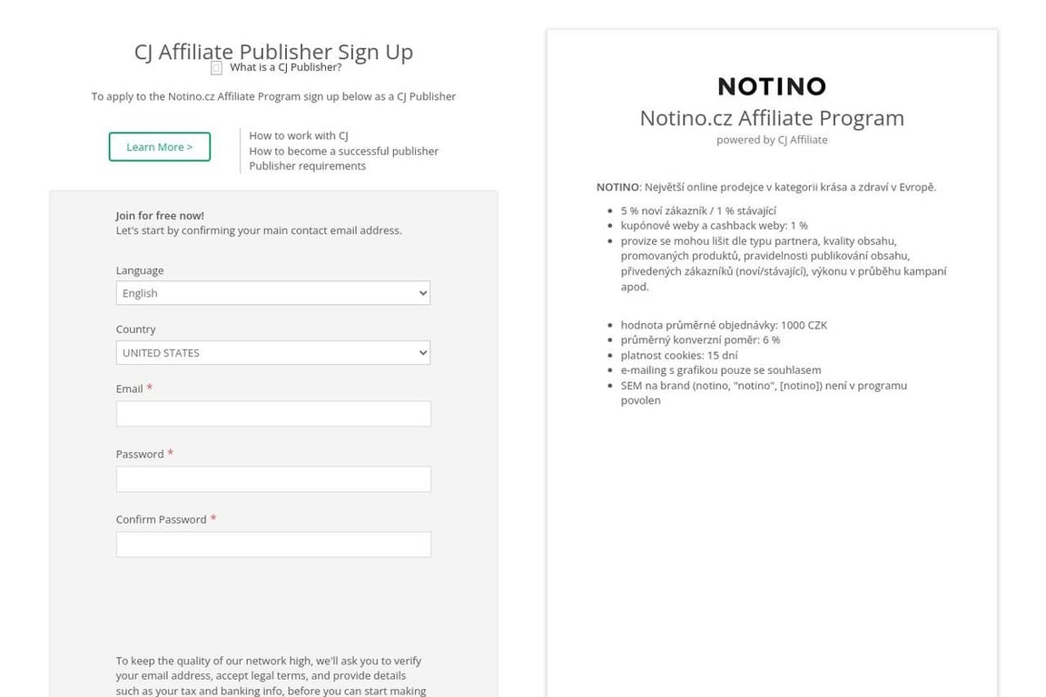 Notino affiliate program signup page