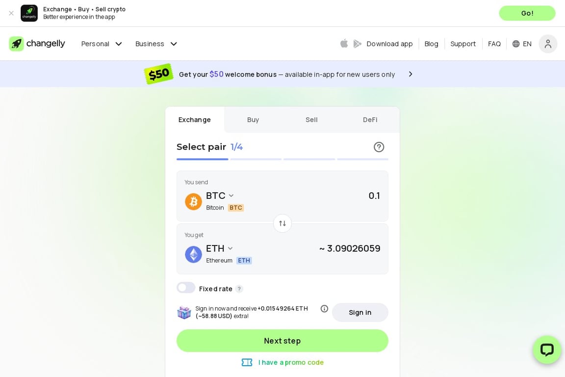 Changelly homepage