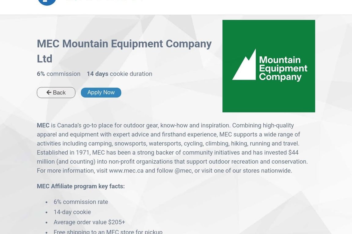 MEC affiliate program signup page