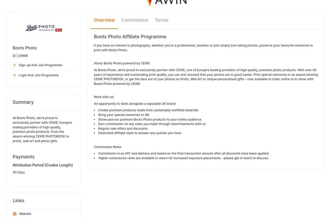 Boots Photo affiliate program signup page