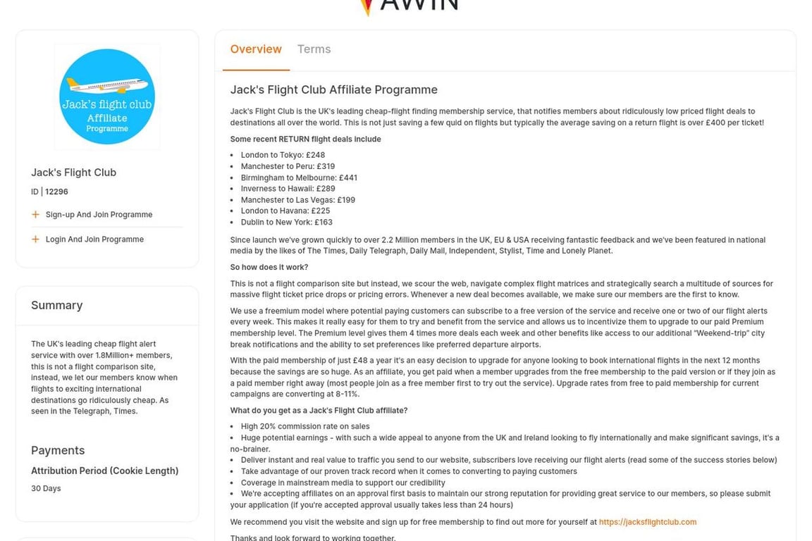 Jack’s Flight Club affiliate program signup page