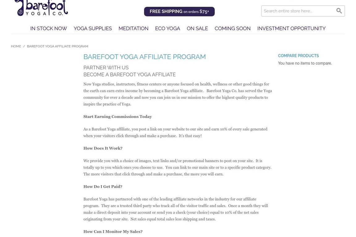 Barefoot Yoga affiliate program signup page