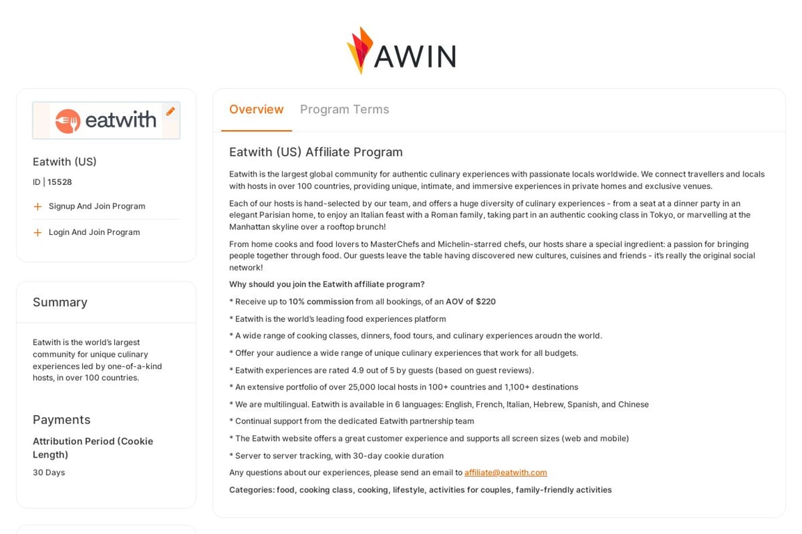 Eatwith (US) affiliate program signup page