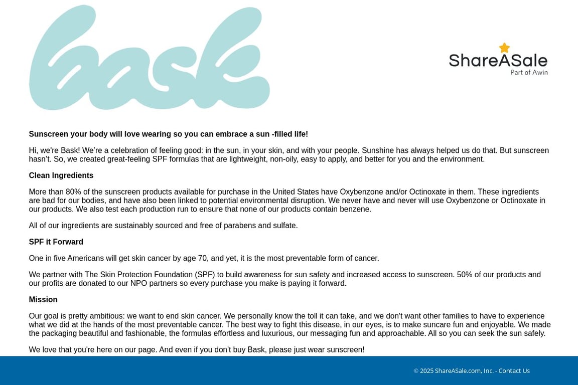 Surfside Skincare, Inc. dba Bask affiliate program signup page