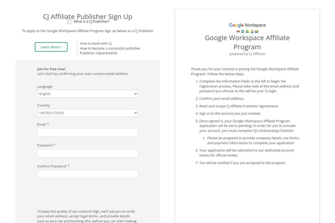 Google Workspace affiliate program signup page