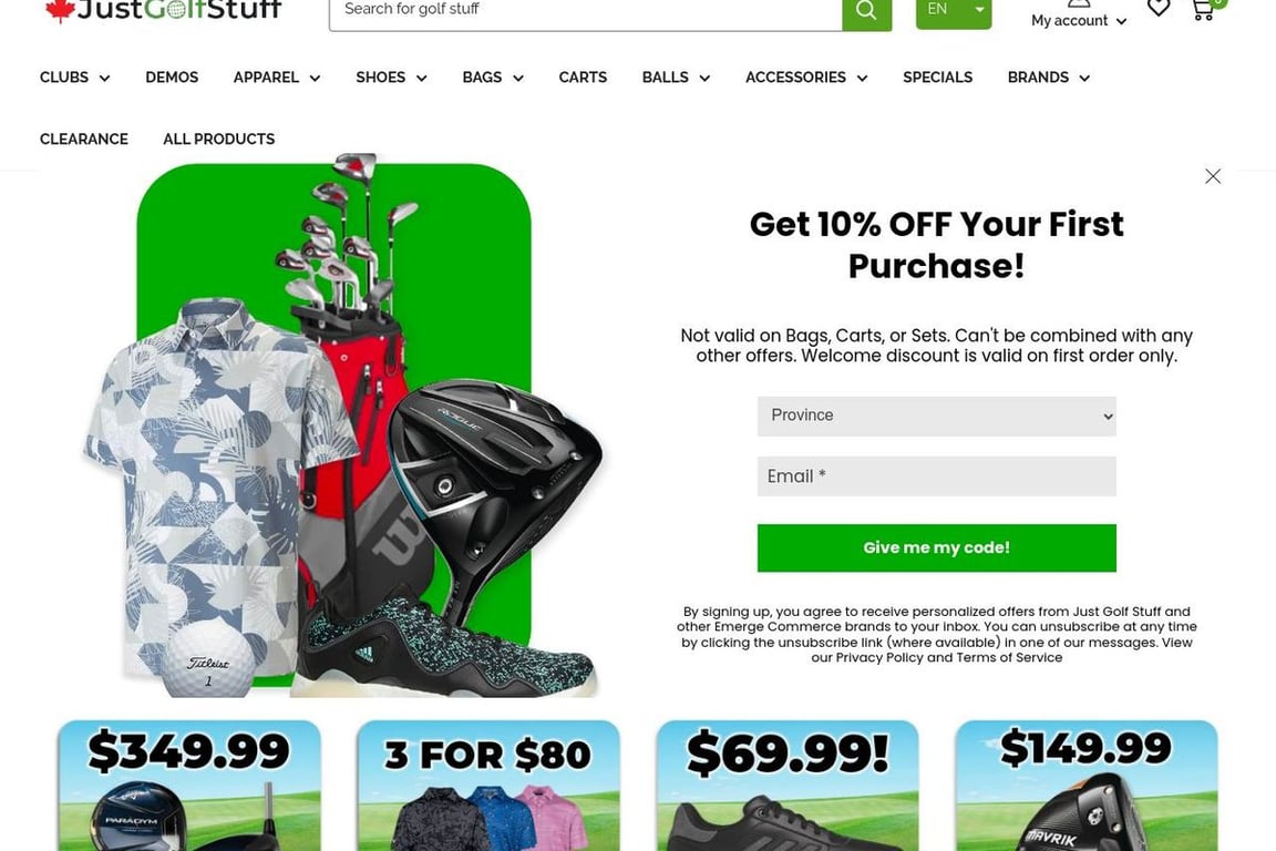 JustGolfStuff.ca homepage