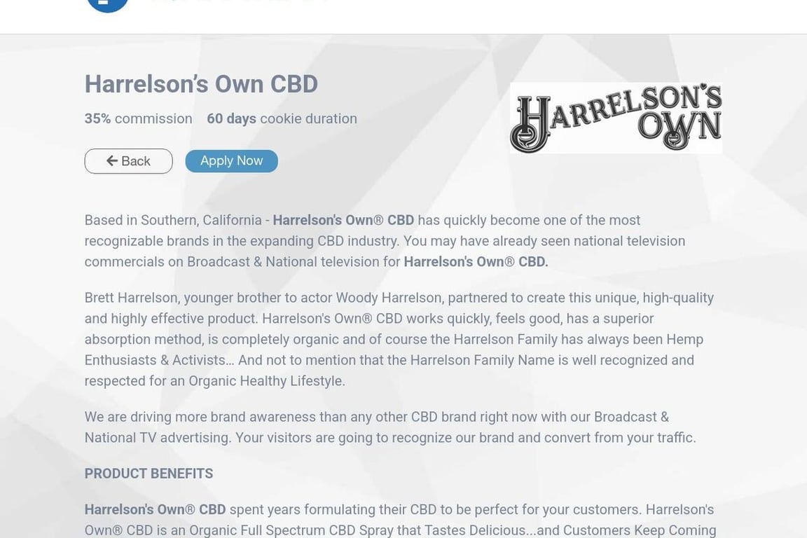 Harrelson’s Own CBD affiliate program signup page
