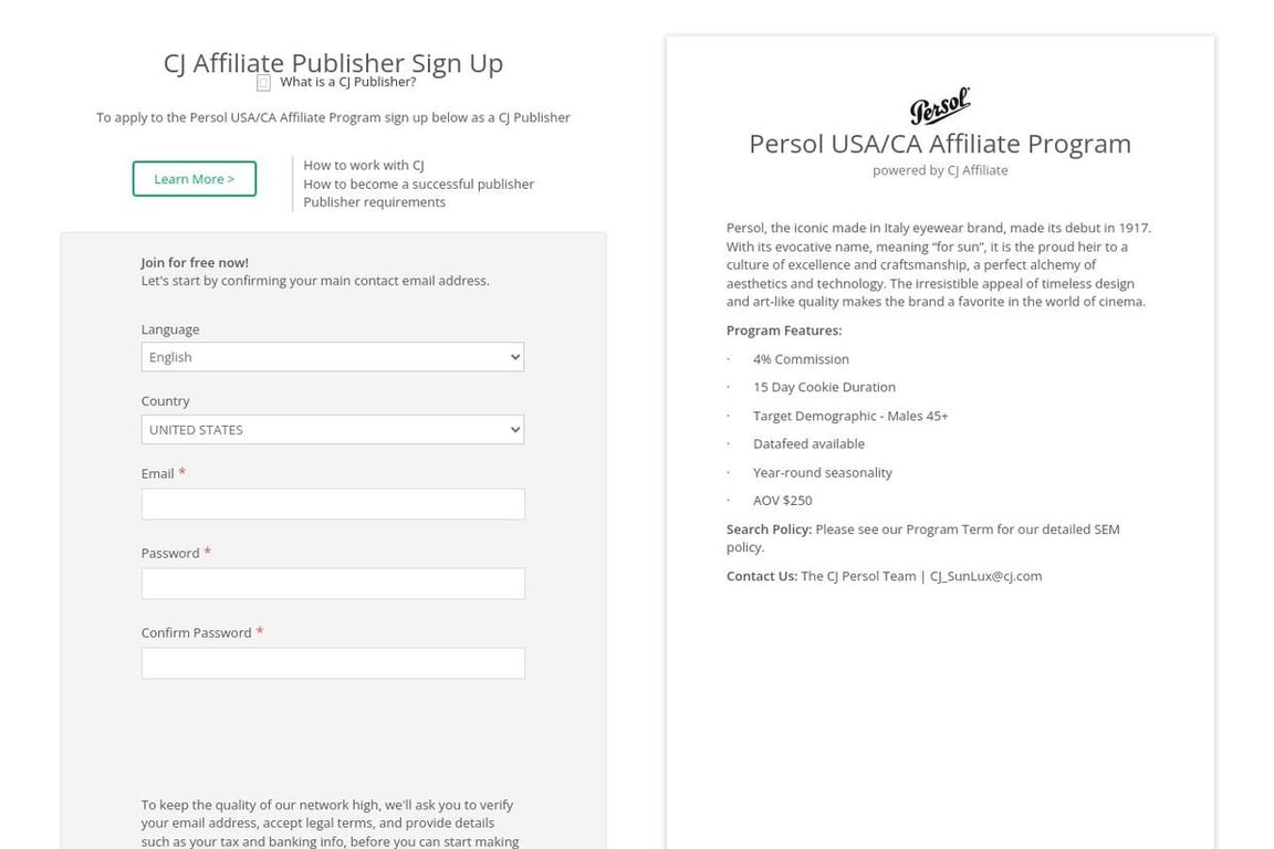 Persol affiliate program signup page