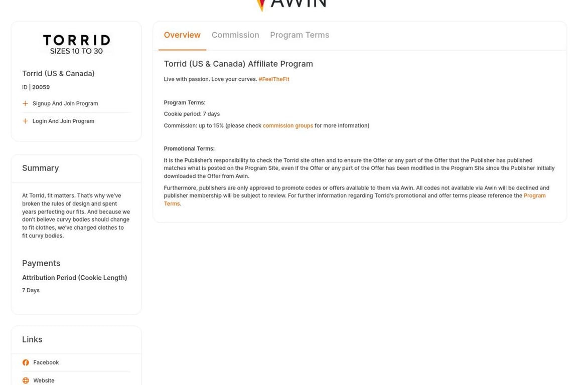 Torrid affiliate program signup page